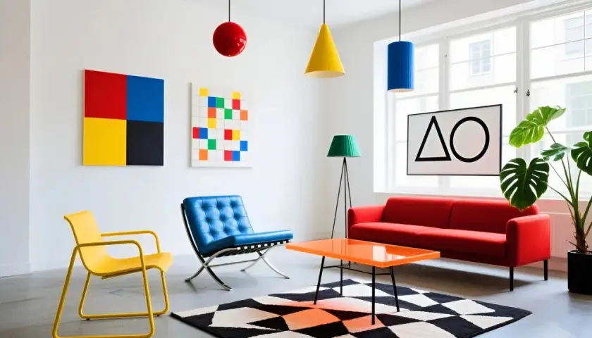 Ein Wohnzimmer mit ikonischer Bauhaus Einrichtung: gelber Stuhl, blaue Ledercouch, rotes Sofa, geometrische Kunst und bunte Lampen.