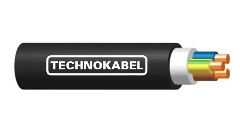 Przekrój kabla Technokabel z widocznymi żyłami w izolacjach: niebieskiej, żółto-zielonej i brązowej.