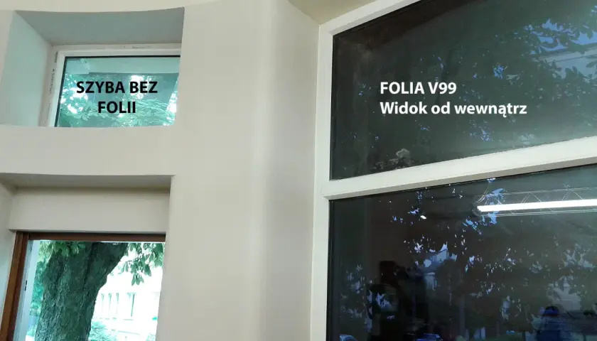 Okno weneckie z folią V99, widok od wewnątrz. Obok szyba bez folii, przez którą widać drzewo.