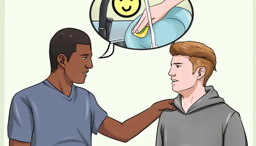 Un uomo consola un amico, suggerendo che le persone frustrate sono pericolose. La nuvoletta mostra un piatto pulito e un sorriso.