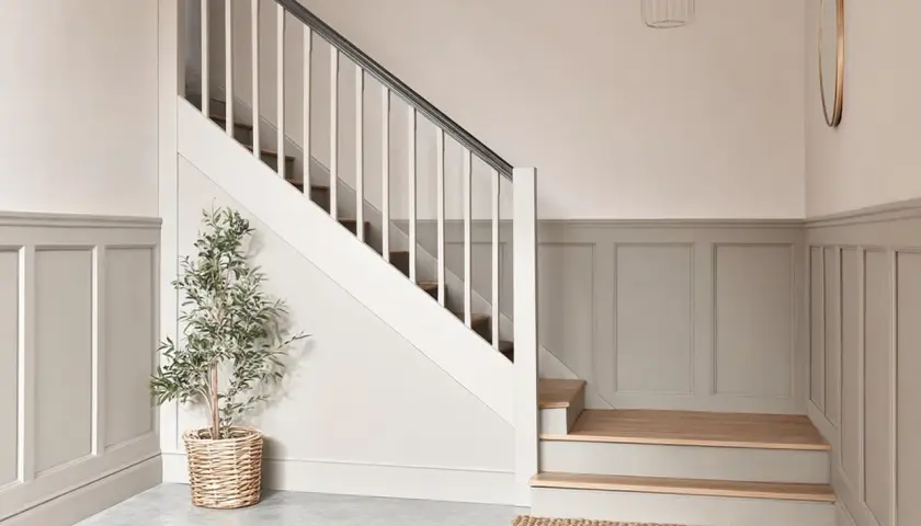 Elegancka klatka schodowa z angielską boazerią, ozdobiona rośliną w wiklinowym koszu i dywanem z juty.