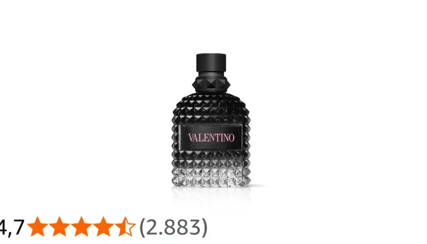 Frasco de perfume Valentino Uomo Born in Roma, negro con detalles plateados y etiqueta rosa.