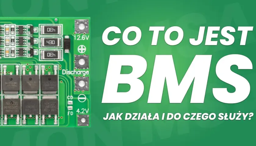 Zielona płytka drukowana z elementami elektronicznymi, część systemu BMS. Napis "CO TO JEST BMS JAK DZIAŁA I DO CZEGO SŁUŻY?".