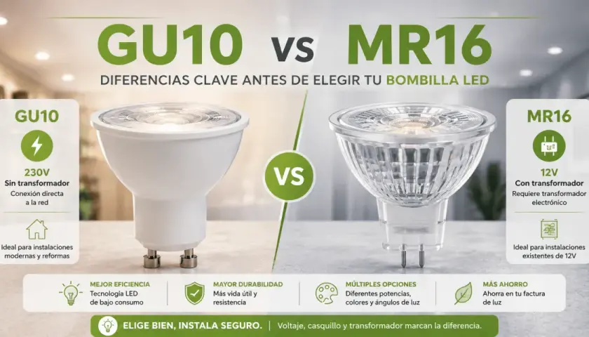 Comparativa de focos led GU10 y MR16. El GU10 es 230V sin transformador, ideal para reformas. El MR16 es 12V con transformador.