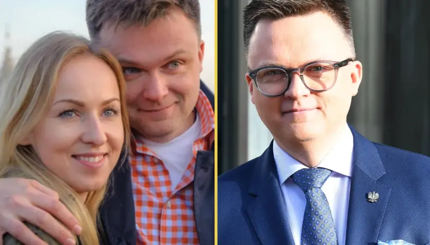 Szymon Hołownia z żoną i w garniturze.