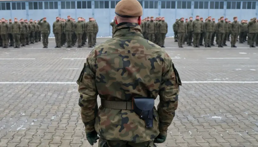 Żołnierze w mundurach polowych stoją na placu apelowym. W tle budynek koszar. To może być początek obowiązkowej służby wojskowej.