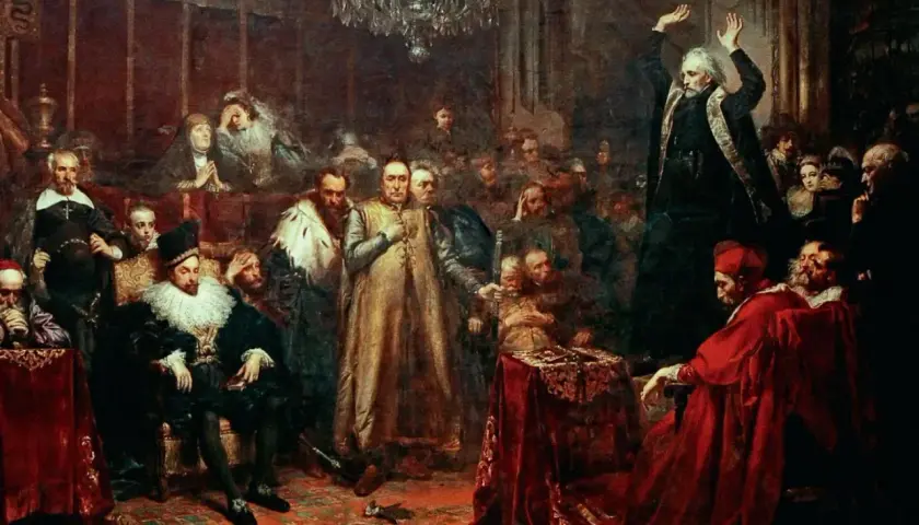 Scena z życia dworskiego, ukazująca bogactwo i przepych epoki barok w Polsce. W centrum mężczyzna w złotej szacie, otoczony przez dostojników.