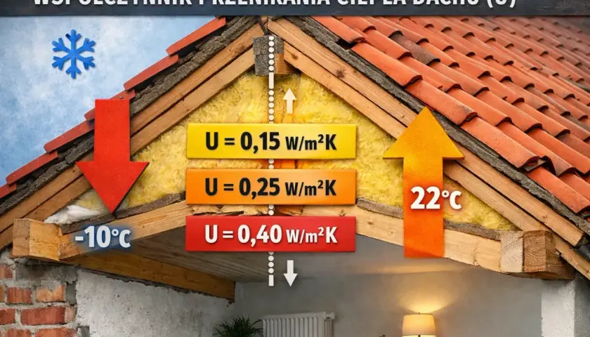 Przekrój dachu ilustruje współczynnik przenikania ciepła (U). Różne wartości U (0,15, 0,25, 0,40 W/m²K) pokazują izolację termiczną.