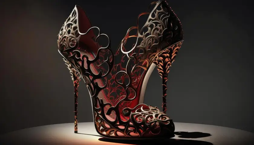 Escarpin spectaculaire aux motifs complexes, une œuvre d'art issue de l'impression 3D textile, alliant élégance et technologie.