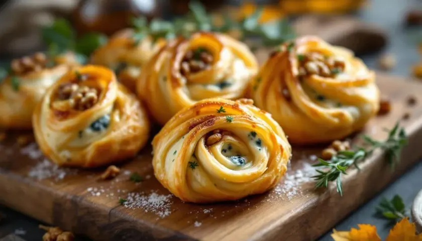 Petits fours salés en pâte feuilletée, garnis de fromage bleu et de noix, disposés sur une planche en bois.