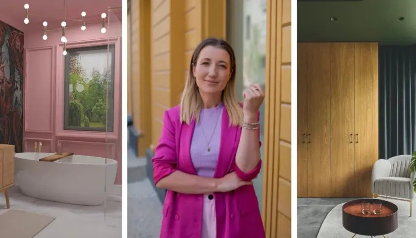 Różowe kolory ścian w łazience, kobieta w fuksjowej marynarce i nowoczesne wnętrze z drewnianymi panelami.