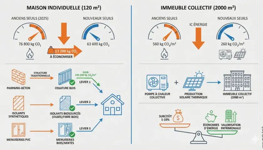 Comparaison des émissions de CO₂ pour une re2020 maison individuelle et un immeuble collectif. Réduction des seuils de CO₂ grâce à des matériaux et systèmes plus écologiques.