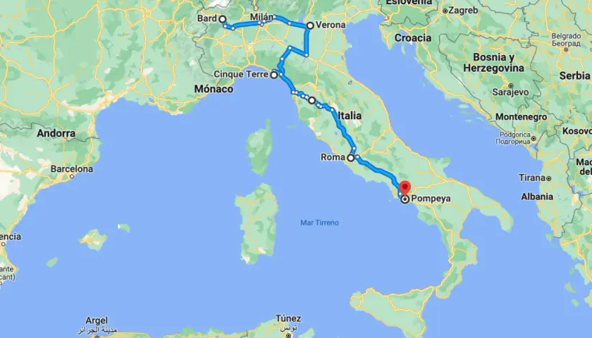 Carte d'un itinéraire en camping-car en Italie du Nord, de Bard à Pompéi, passant par Milan, Vérone, Cinque Terre et Rome.