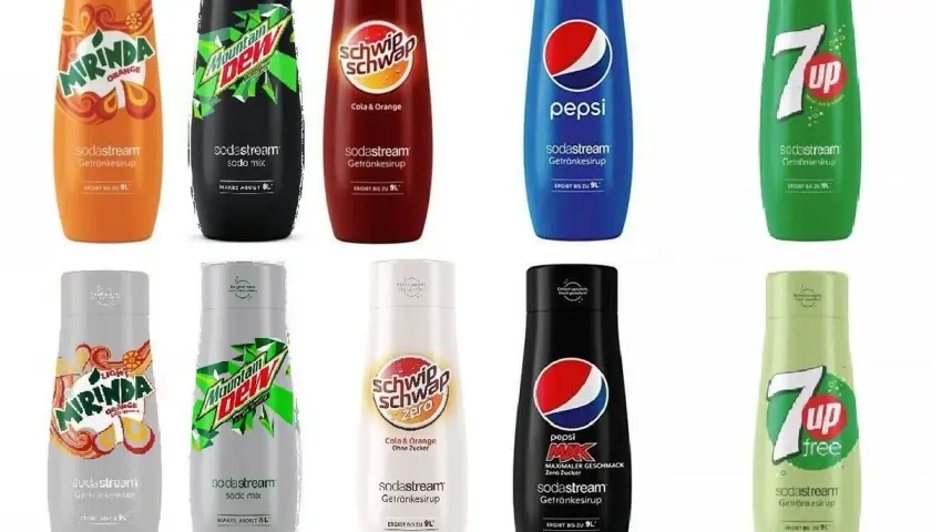 Butelki z syropami SodaStream: Mirinda, Mountain Dew, Schwip Schwap, Pepsi, 7UP w różnych smakach i wersjach.