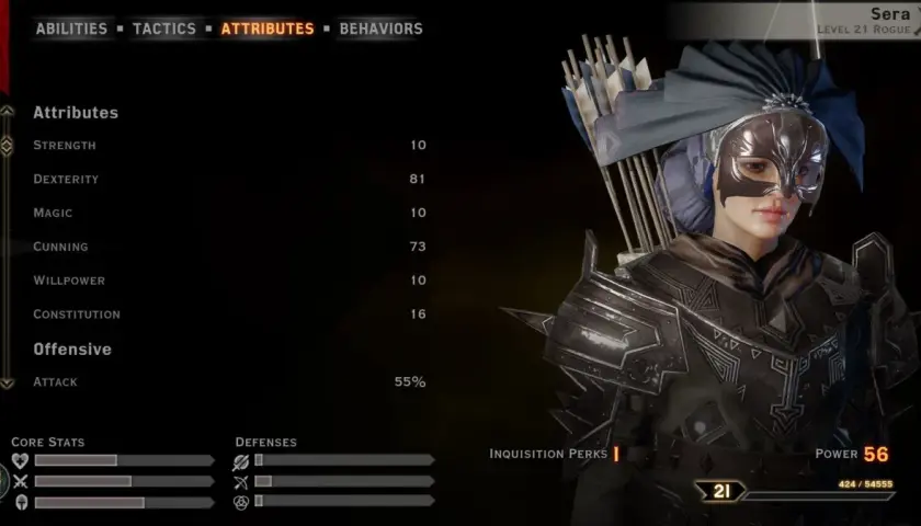 Sera, poziom 21 łotrzycy z Dragon Age, z wysoką zręcznością i niską magią. Jej atrybuty są kluczowe dla jej roli.