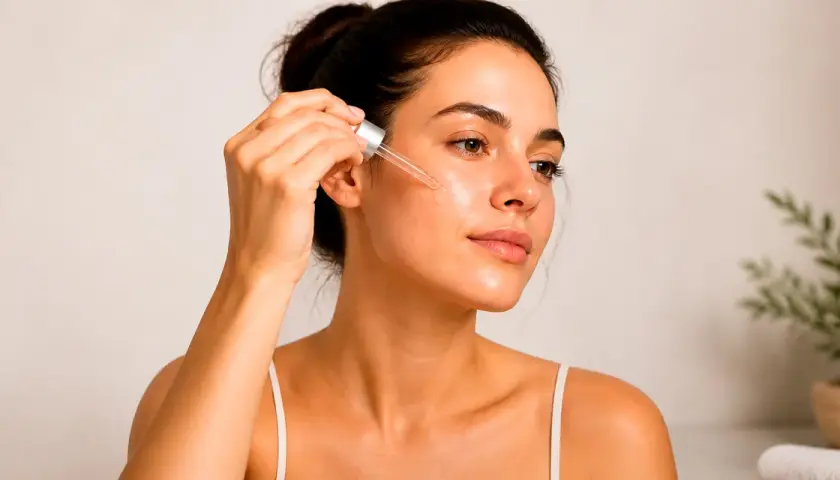 Mujer aplicando suero facial con gotero, disfrutando de los beneficios del retinol para una piel radiante y rejuvenecida.