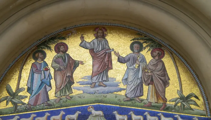 Mosaik: Jesus mit Aposteln, die Schafe weiden. Philippus fragt: "Herr, zeige uns den Vater." (Johannes 14,8).