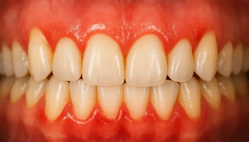 Gengive gonfie e arrossate, un segno di gengivite gravidica. Denti bianchi e sani, ma le gengive richiedono attenzione.