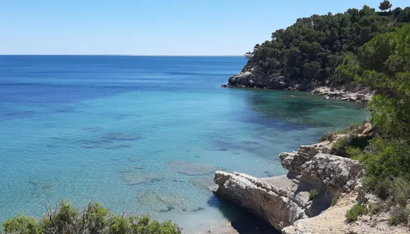 Aguas cristalinas y rocas en la playa del Perelló, con vegetación verde y un cielo azul despejado.