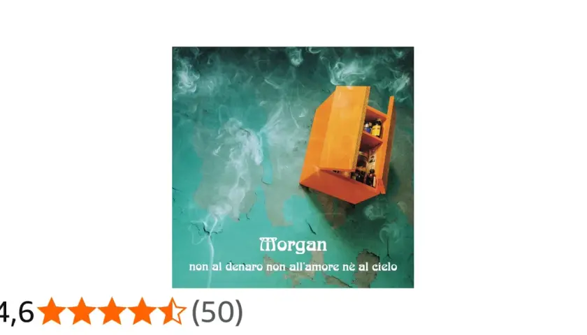 Copertina album Morgan: "non al denaro non all'amore nè al cielo". Un mobile arancione aperto, pieno di boccette, su sfondo verde fumoso.