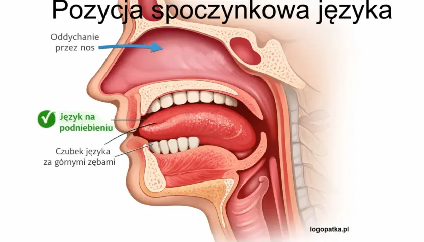 Anatomia języka w pozycji spoczynkowej: język na podniebieniu, czubek za zębami, oddychanie przez nos.
