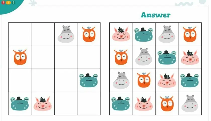 Urocze sudoku obrazkowe dla dzieci z sowami, hipopotamami, świnkami i żabkami. Rozwiąż zagadkę, dopasowując zwierzątka.