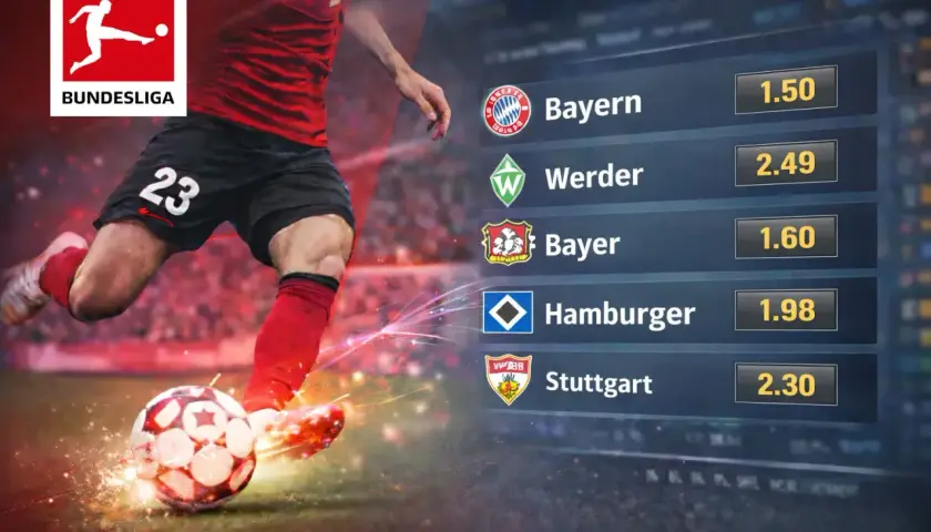 Piłkarz w akcji, logo Bundesligi i lista drużyn z kursami: Bayern, Werder, Bayer, Hamburger, Stuttgart.