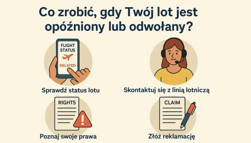 Sprawdź status lotu, skontaktuj się z linią lotniczą, poznaj swoje prawa i złóż reklamację, aby uzyskać odszkodowanie za odwołany lot.