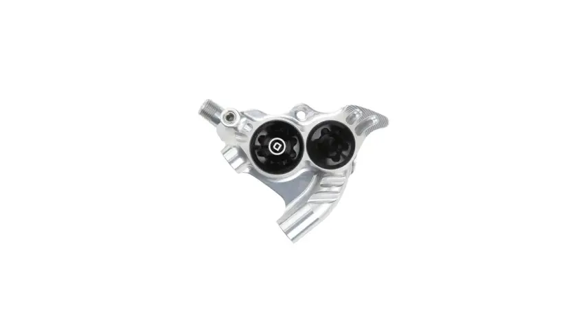 A silver Hope RX4 brake caliper with two black pistons, ready for powerful braking on any trail.
