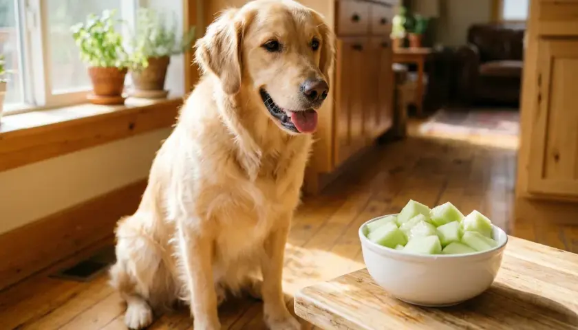 A golden retriever sits patiently, eyeing a bowl of honeydew melon cubes, wondering if dogs can eat honeydew.