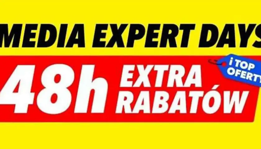 Napis "Media Expert Days" i "48h Extra Rabatów" na czerwonym tle z niebieską etykietą "Top Oferty".