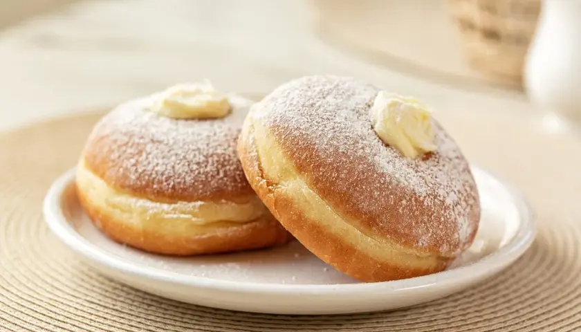 Due bomboloni ripieni di crema, spolverati di zucchero a velo, mostrano la differenza tra bombolone e krapfen: il primo è più soffice e senza buco.
