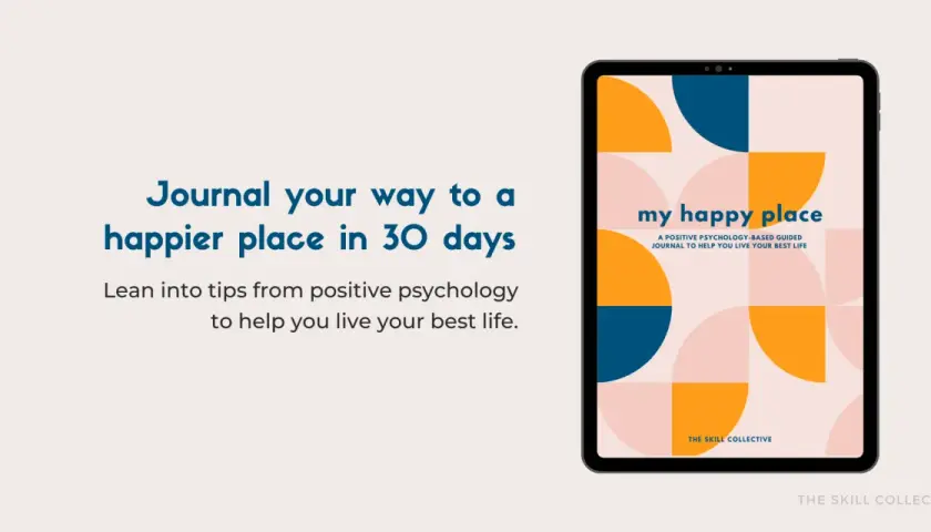 Tablet displaying "my happy place" journal, a positive psychology-based guide. Text promotes journaling for happiness.