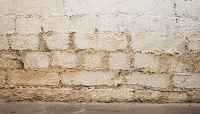 Feuchte Ziegelwand im Keller, Putz bröckelt ab. Der Boden ist ebenfalls feucht.