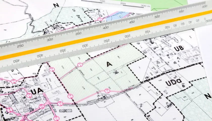 Plan zagospodarowania przestrzennego dla działki "A" z zaznaczonymi granicami i numeracją. Linijka geodezyjna pomaga w analizie.