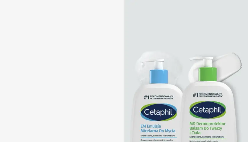 Dwa produkty Cetaphil: emulsja micelarna i balsam do twarzy i ciała, rekomendowane przez dermatologów.