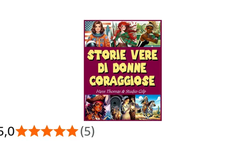 Copertina di libri che parlano di donne forti: astronauta, guerriera, tennista, pirata, infermiera e amazzone.