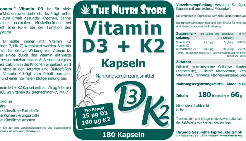 Vitamin D3 + K2 Kapseln: Die Wirkung von Vitamin D3 und K2 unterstützt Knochen, Zähne und Immunsystem. 180 Kapseln.