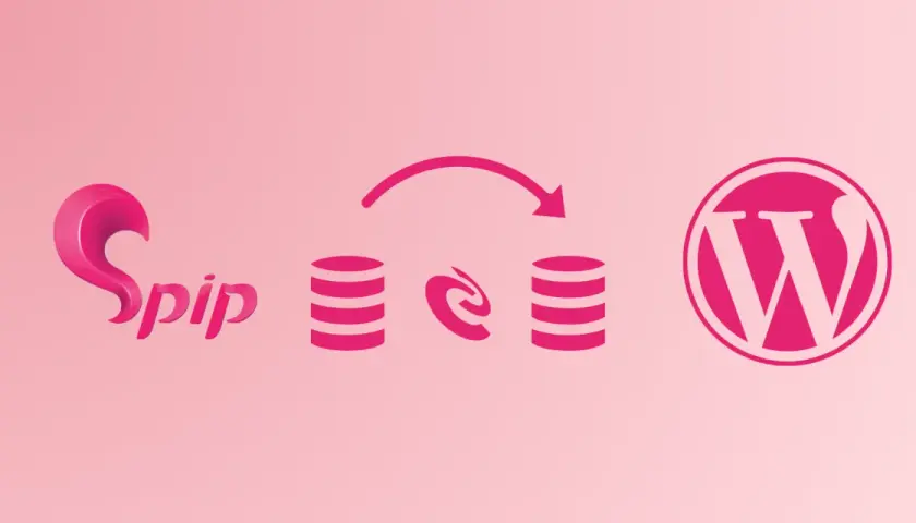 Migration de SPIP vers WordPress : icônes de bases de données reliées par une flèche, symbolisant le transfert de données.