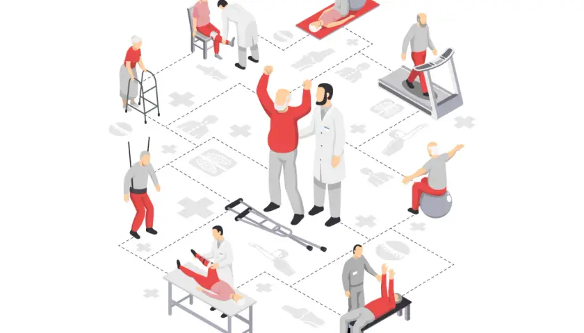 Ilustracja izometryczna przedstawiająca rehabilitację seniorów: ćwiczenia, fizjoterapia, sprzęt.