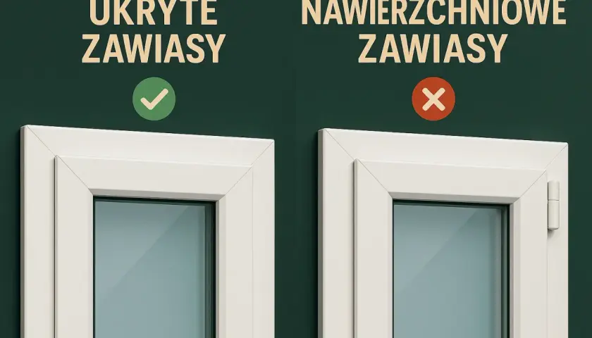 Porównanie okien: po lewej ukryte zawiasy, po prawej widoczne, nawierzchniowe zawiasy.