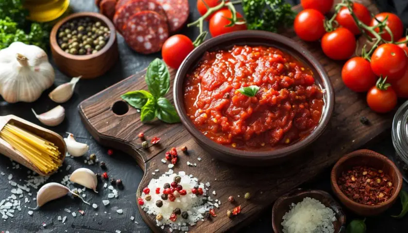 Un bol de sauce tomate épicée, parfaite pour accompagner des pâtes ou une pizza. Des tomates fraîches, de l'ail, du basilic et des épices complètent cette scène culinaire.