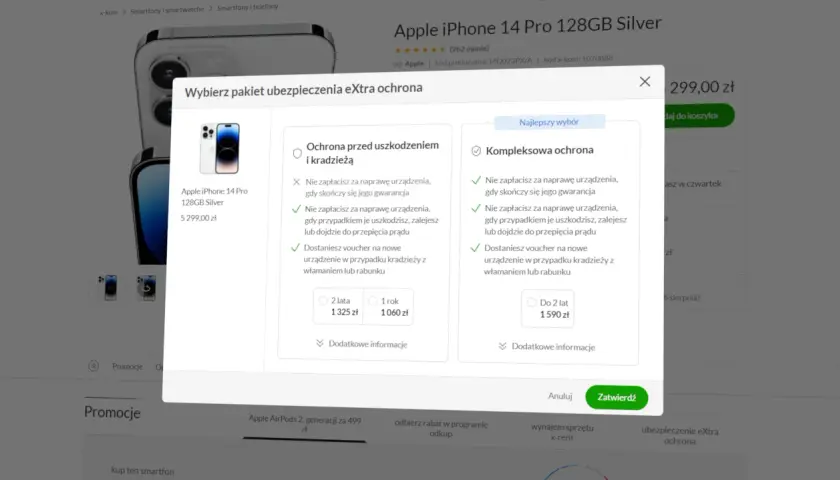 Wybierz ubezpieczenie iPhone 14 Pro. Pakiet eXtra ochrona obejmuje uszkodzenia i kradzież. Dostępne opcje na 1 lub 2 lata.