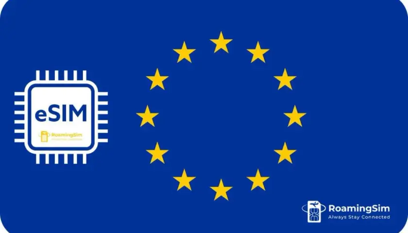 eSIM od RoamingSim to Twój klucz do internetu za granicą. Flaga UE i symbol eSIM.