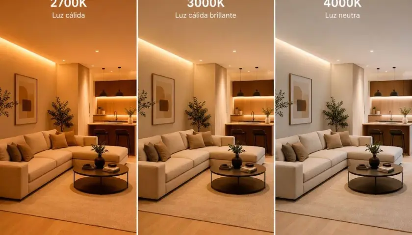 Salón moderno con sofá seccional beige y mesa de centro. Tres paneles muestran la misma escena con diferentes grados kelvin luz: 2700K (cálida), 3000K (cálida brillante) y 4000K (neutra).