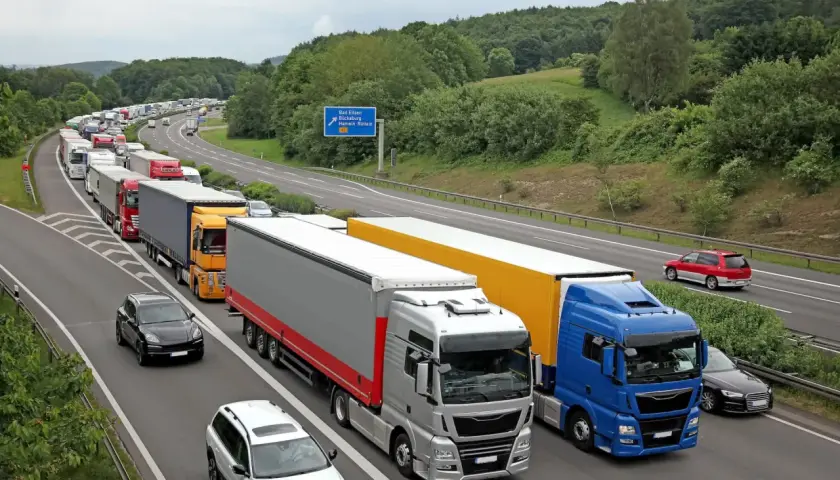 Lange Schlange von LKWs auf der Autobahn, ein Zeichen für das Ferienfahrverbot.