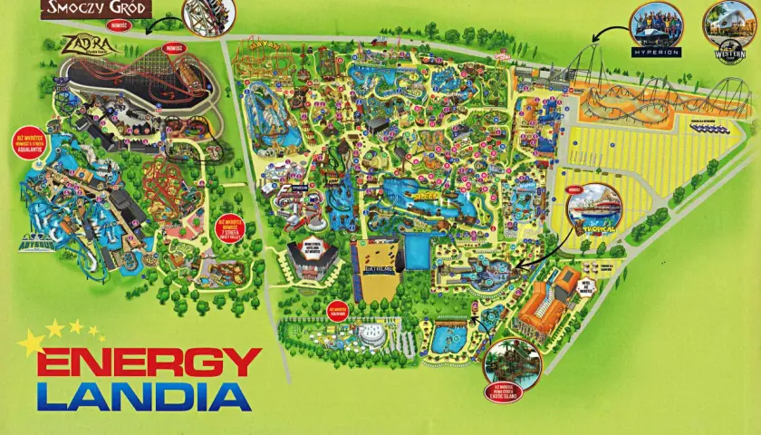 Mapa Energylandii z atrakcjami dla dzieci do 140 cm. Zobacz Zadrę, Mayan, Abysuss i inne!