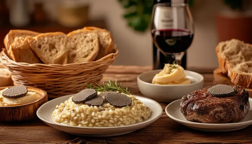 Un festin gastronomique avec un risotto crémeux, un steak savoureux et du pain frais, le tout sublimé par la truffe de Bourgogne.