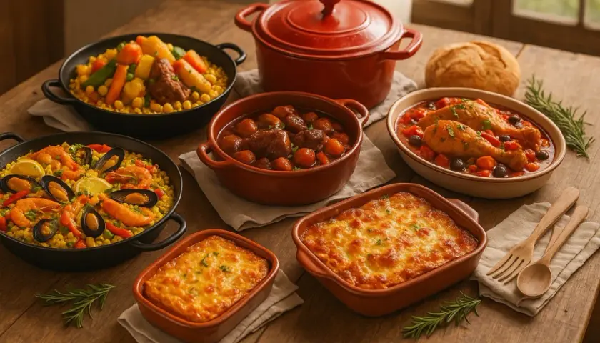 Un festin de mariage : paella, couscous, poulet chasseur, gratins et ragoût de bœuf.
