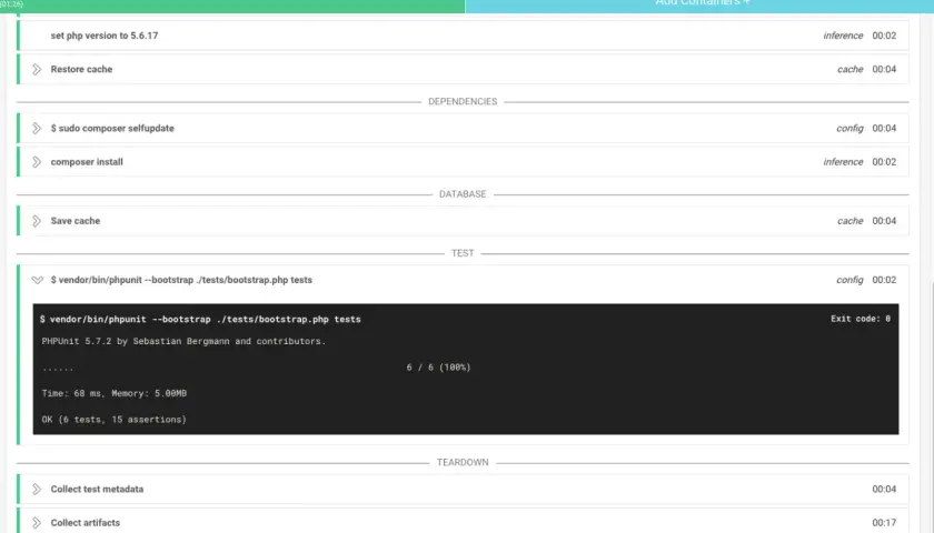Build-Prozess mit PHPUnit 5.7.2 von Sebastian Bergmann und Team. Tests laufen erfolgreich.